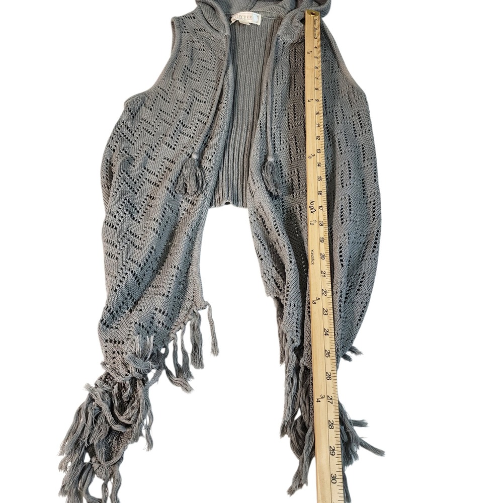DECREE‎ Gray Crochet Knit Hooded Fringe Vest Cardigan Women's M M - Picture 4 of 10